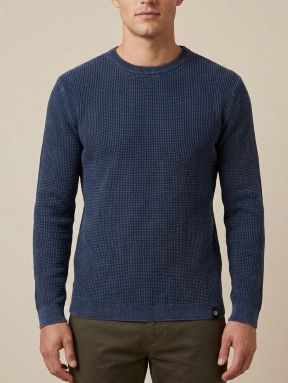 Pull&Bear Men's Navy Waffle-Knit Crew Sweater Size M